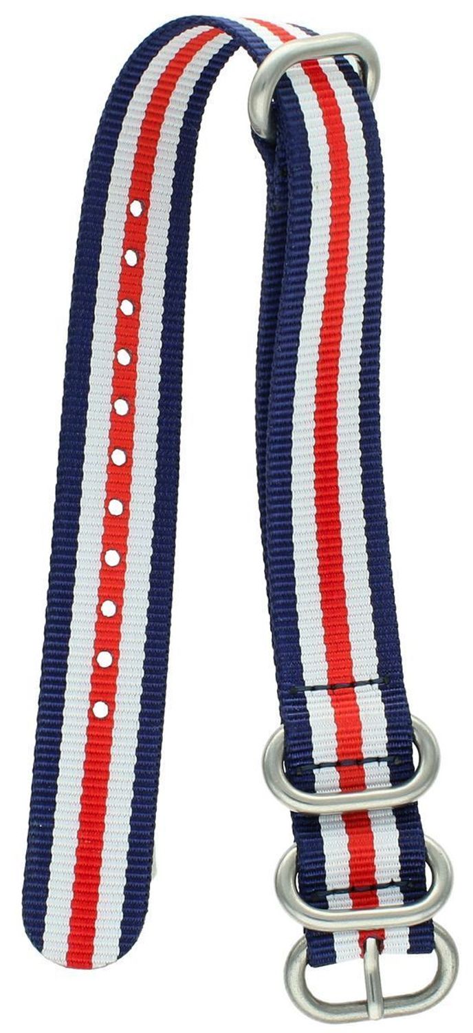 Pasek NATO 004 w granatowo-biało-czerwonych barwach. Długość 28 cm, szerokość 17 mm, sprzączka stalowa w srebrnym kolorze. Idealny do zegarków sportowych i casualowych.1.jpg